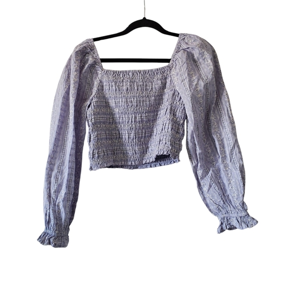 American Eagle Cotton Smocked Cottagecore Boho Blue Top S - Picture 2 of 4